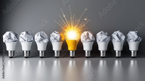 A single illuminated light bulb glowing brightly amongst a group of dim or unlit bulbs, symbolizing a unique, innovative idea outshining the conventional or outdated thoughts  photo