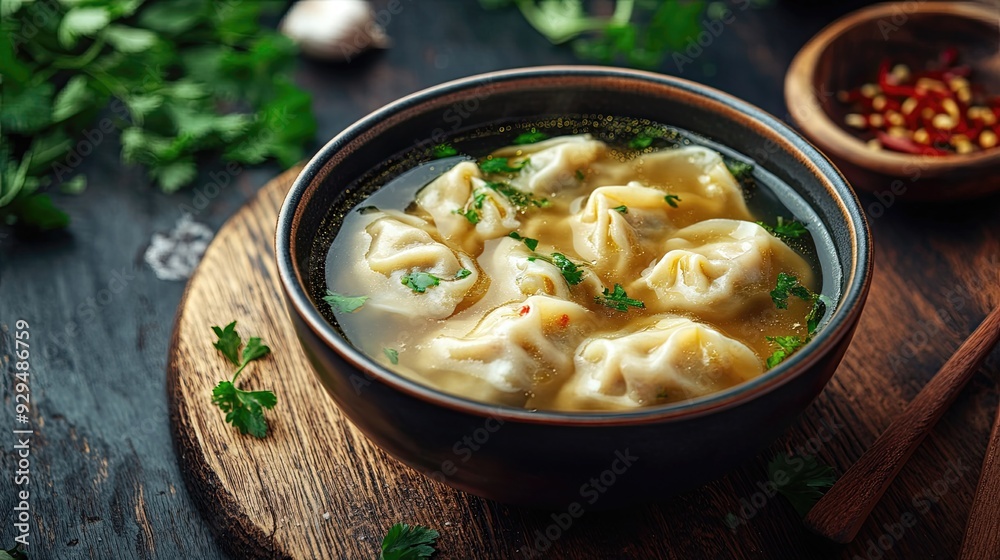 A bowl of Chinese wonton soup with fresh herbs, with space for menu content on the side.