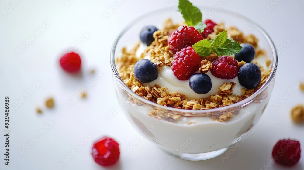 A bowl of fresh yogurt topped with granola and berries on a white background, with space for text.