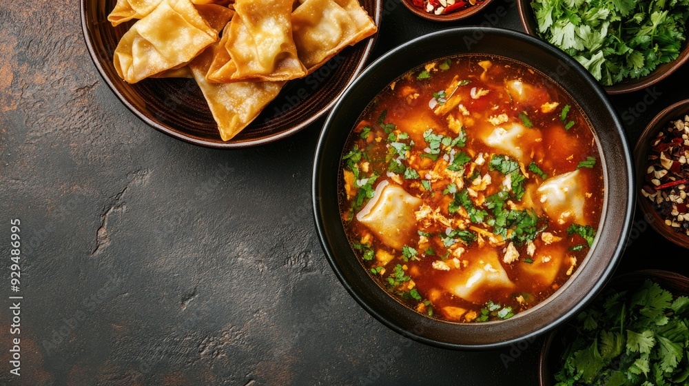 A bowl of hot and sour soup with a side of crispy wontons, with space for menu content or logos. A bowl of hot and sour soup with a side of crispy wontons, with space for menu content or logos.