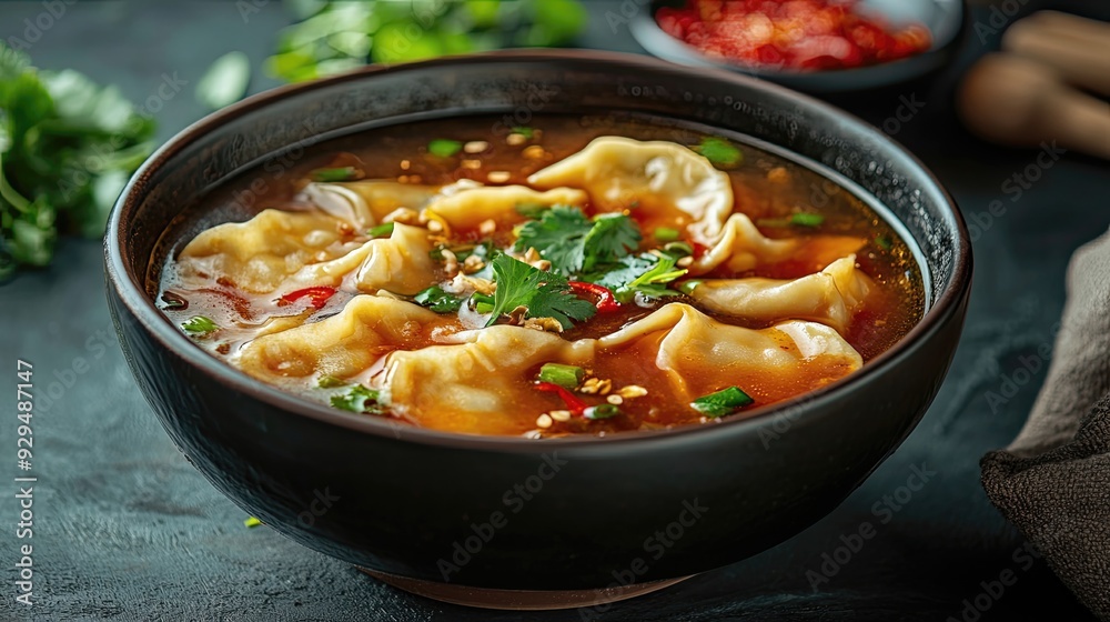A bowl of hot and sour soup with crispy wontons, with space for menu text or branding. A bowl of hot and sour soup with crispy wontons, with space for menu text or branding.