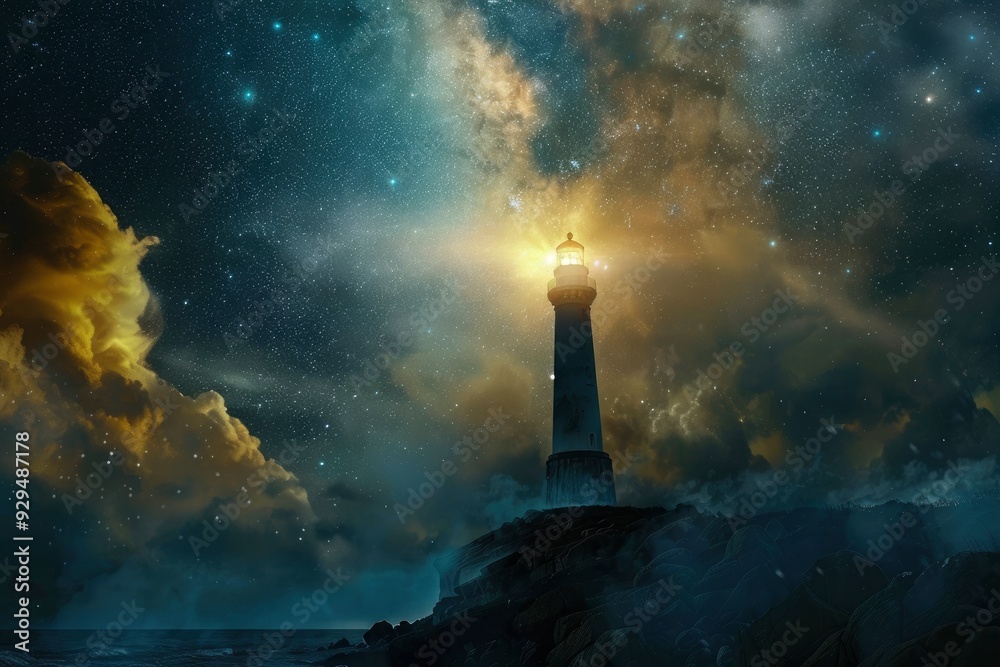 Lighthouse In Storm - Leader And Vision Concept - Landscape With Milky Way Against Dramatic Sky, ai Lighthouse In Storm - Leader And Vision Concept - Landscape With Milky Way Against Dramatic Sky, ai