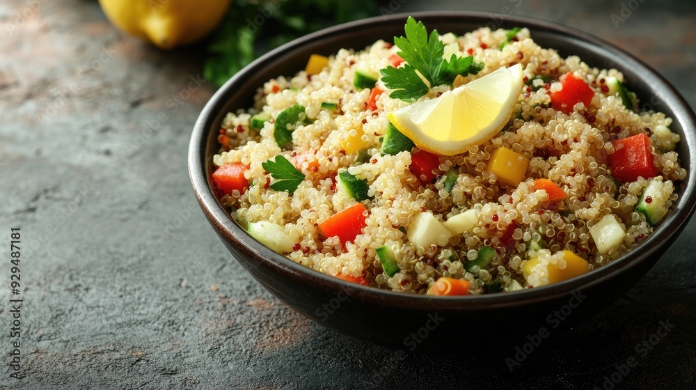A bowl of quinoa salad with fresh vegetables and a lemon wedge, with space for text. A bowl of quinoa salad with fresh vegetables and a lemon wedge, with space for text.