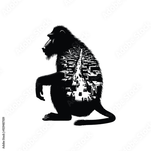 silhouette of Mandrill, filled with ghetto street in rough drawing,
