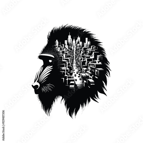 silhouette of Mandrill, filled with ghetto street in rough drawing,