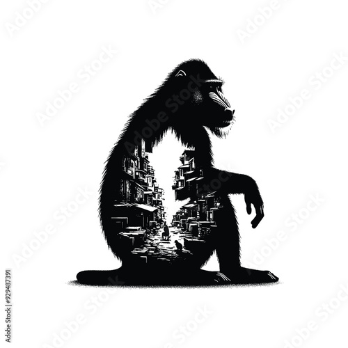 silhouette of Mandrill, filled with ghetto street in rough drawing,