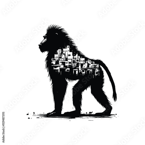 silhouette of Mandrill, filled with ghetto street in rough drawing, photo