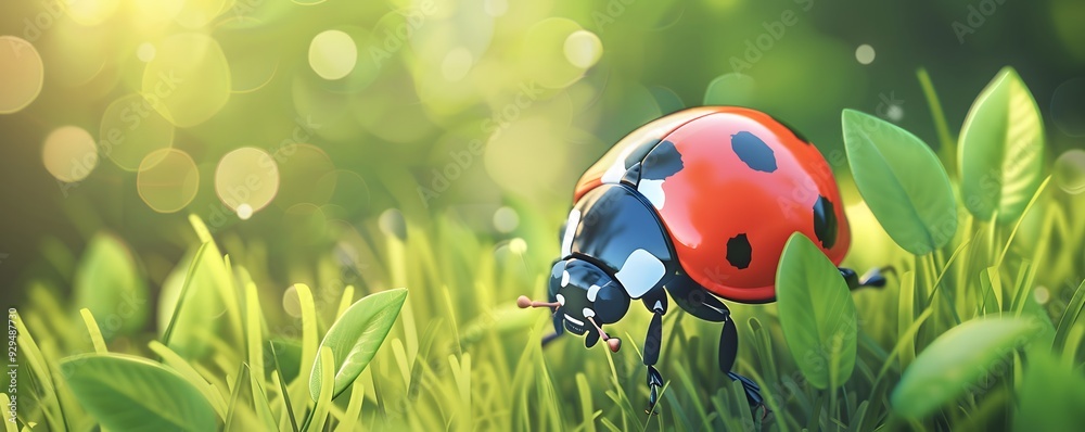 Ladybug in Lush Green Grass with Sunlight Ladybug in Lush Green Grass with Sunlight