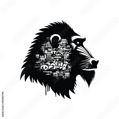 silhouette of Mandrill, filled with graffiti street wall in rough drawing, photo