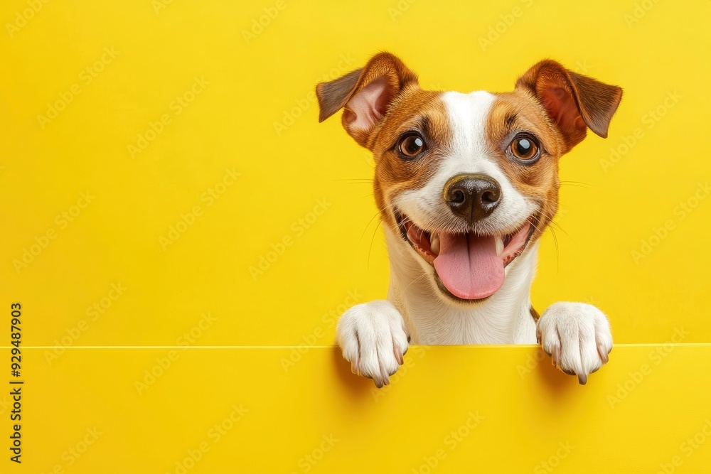 Portraite of Happy surprised dog. Top of head of Jack Russell Terrier with paws up peeking over blank golden table Smiling with tongue. Card template or Banner with copy space on yellow background, ai Portraite of Happy surprised dog. Top of head of Jack Russell Terrier with paws up peeking over blank golden table Smiling with tongue. Card template or Banner with copy space on yellow background, ai