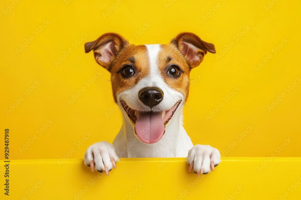 Portraite of Happy surprised dog. Top of head of Jack Russell Terrier with paws up peeking over blank golden table Smiling with tongue. Card template or Banner with copy space on yellow background, ai Portraite of Happy surprised dog. Top of head of Jack Russell Terrier with paws up peeking over blank golden table Smiling with tongue. Card template or Banner with copy space on yellow background, ai