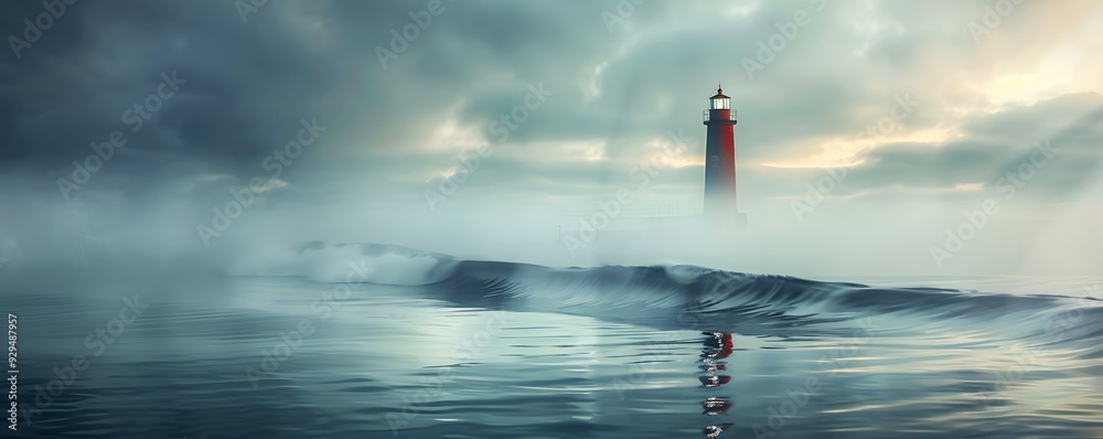 Obraz premium A Lonely Lighthouse Amidst Fog and Rolling Waves