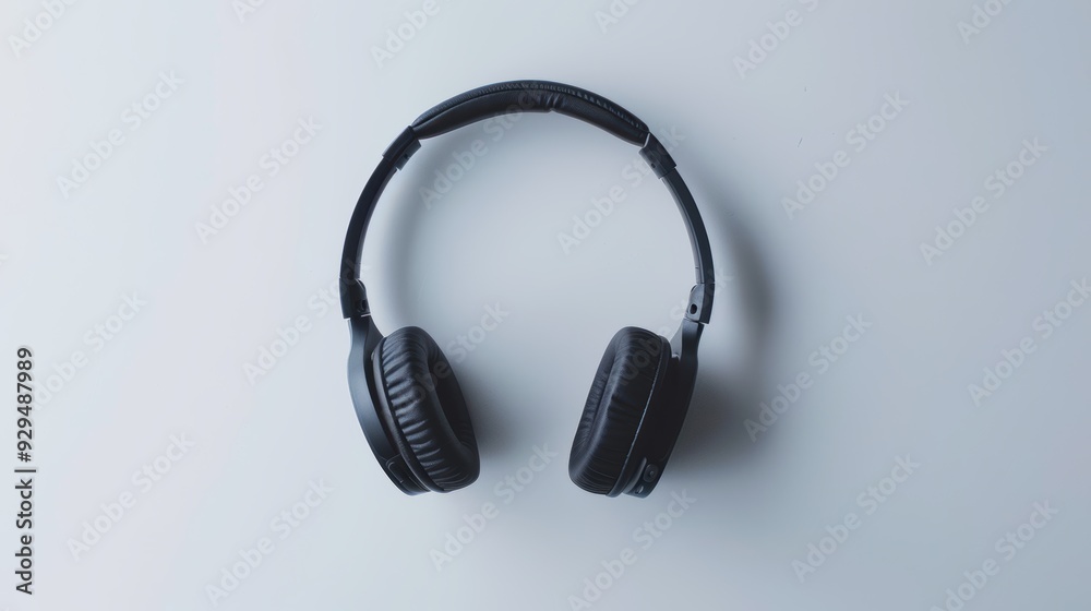 Black wireless headphones lying on a white background, a concept image about music, podcasts and audio in general Black wireless headphones lying on a white background, a concept image about music, podcasts and audio in general