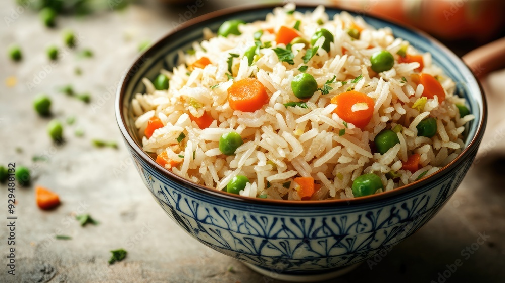 A colorful bowl of Chinese fried rice with peas and carrots, with space for menu content on the side. A colorful bowl of Chinese fried rice with peas and carrots, with space for menu content on the side.