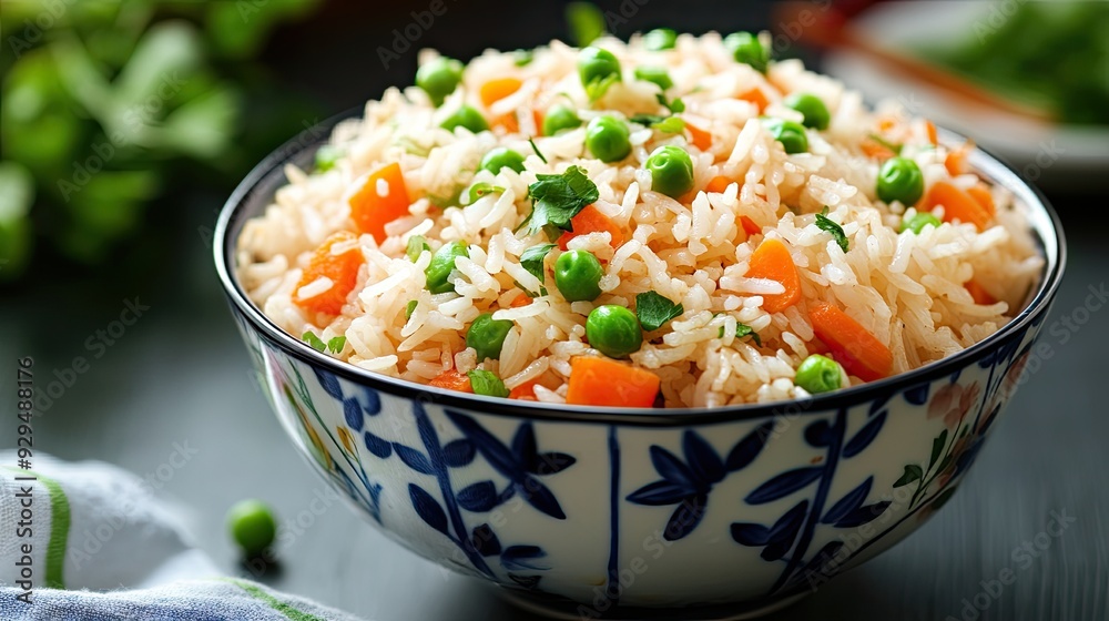 A colorful bowl of Chinese fried rice with peas and carrots, with space for menu content on the side. A colorful bowl of Chinese fried rice with peas and carrots, with space for menu content on the side.