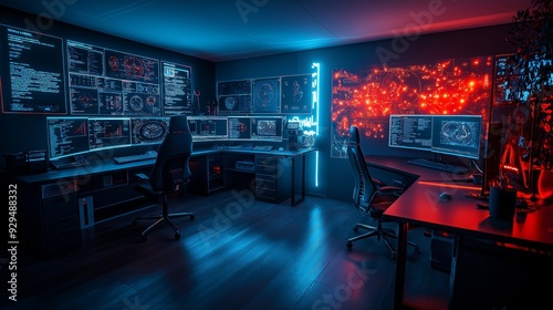 A futuristic office with two workstations. The walls are lined with monitors displaying complex digital information, while blue and red lighting casts an ethereal glow.