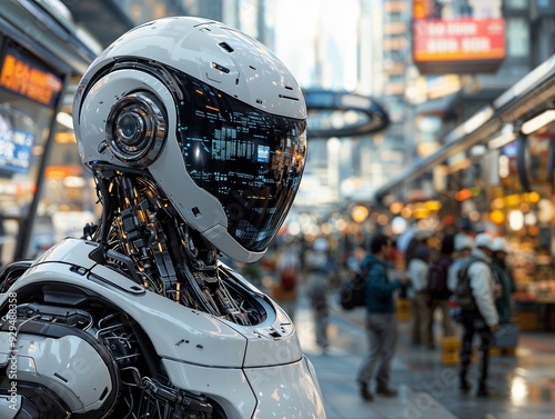 Futuristic Robot in Busy Urban Marketplace with People Walking