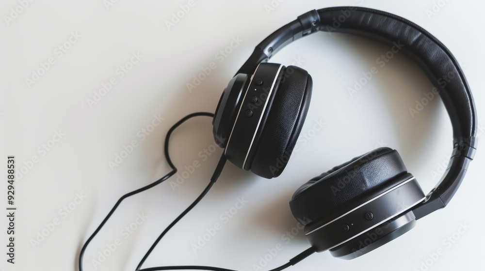 Stylish black headphones with audio cable on a white backdrop for enjoying high-quality music in the studio or on the go Stylish black headphones with audio cable on a white backdrop for enjoying high-quality music in the studio or on the go