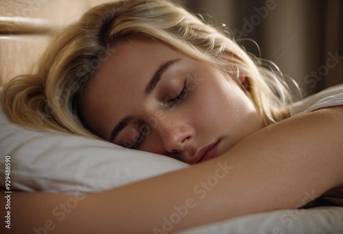 Peaceful blonde girl sleeping soundly in cozy bed, surrounded by soft pillows and serene nighttime atmosphere. Generative AI. Young blonde girl peacefully sleeps in bed, enjoying tranquil moment