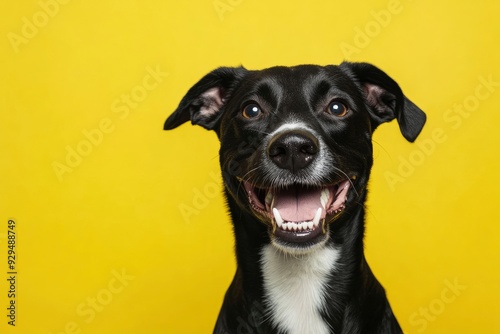 Smiling dog with happy expression face Isolated on Yellow background , ai