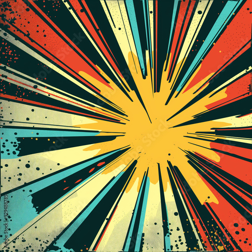 yellow red and blue rays, explosion, bomb blast, gradient as background for comic book or vintage picture, generative AI