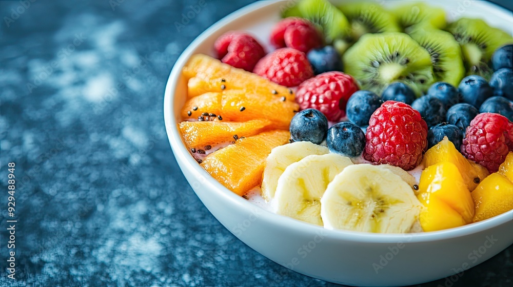 A colorful smoothie bowl with fun fruit toppings, with space for copy or branding. A colorful smoothie bowl with fun fruit toppings, with space for copy or branding.
