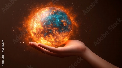 A hand cradles a fiery planet symbolizing the fragility of the Earth