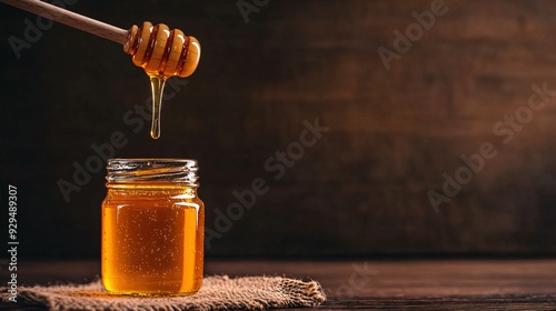 A jar of honey with a honey dipper dripping honey, set against a rustic wooden background.