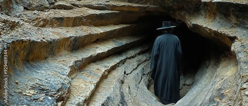 A solitary figure in a black robe walks into a dark cave illuminated by a shaft of light
