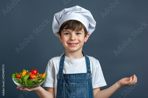 A young boy wearing a chef's hat holds a bowl of fresh vegetables, perfect for food or cooking related content photo