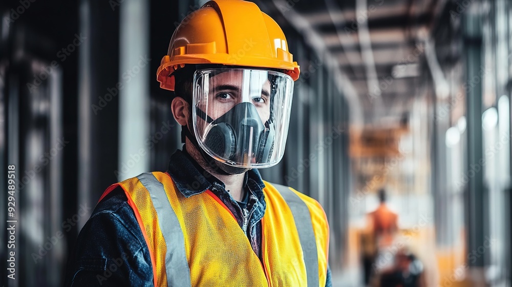 Fototapeta premium A laborer wearing a full set of safety gear, including a hard hat, face shield, and reflective vest, while operating a power tool on-site