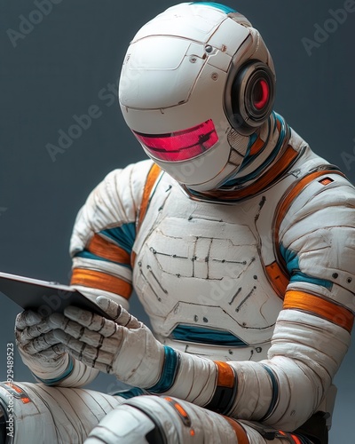 A futuristic astronaut in a white spacesuit uses a digital tablet
