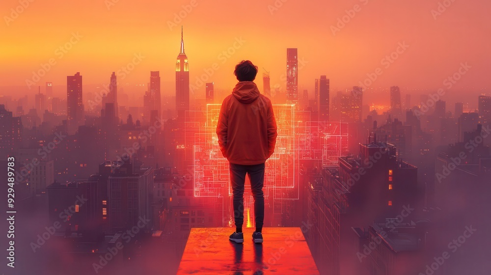 A lone figure stands on a rooftop overlooking a futuristic city skyline bathed in the glow of a digital portal A lone figure stands on a rooftop overlooking a futuristic city skyline bathed in the glow of a digital portal