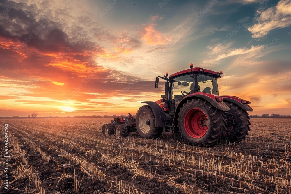 A tractor driving through a field with a beautiful sunset in the background A tractor driving through a field with a beautiful sunset in the background