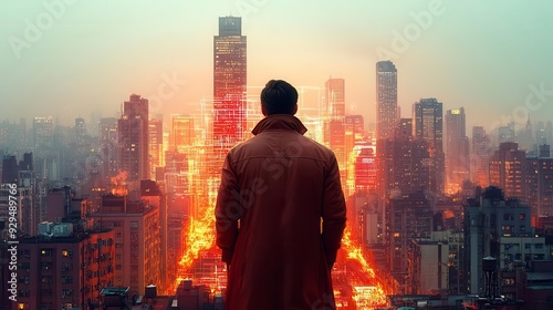 A lone figure gazes at a city skyline bathed in warm light