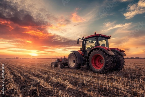 Fototapeta Naklejka Na Ścianę i Meble -  A tractor driving through a field with a beautiful sunset in the background