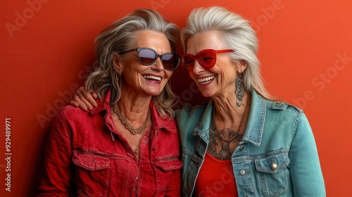 Two laughing senior women wearing sunglasses and denim jackets