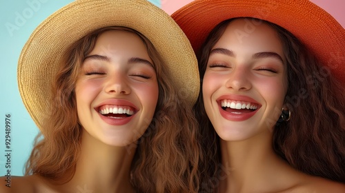 Two young women wearing hats laugh together