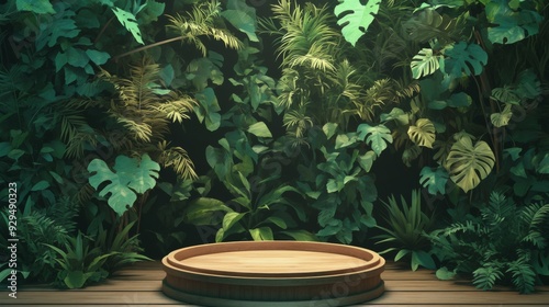 Fototapeta Naklejka Na Ścianę i Meble -  Jungle-themed background podium with a 3D green wood product platform and pedestal. Features a tropical setting with trees, leaves, and a summer forest ambiance 