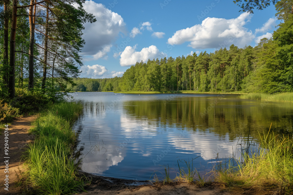 beautiful lake with a small beach and trees and forest beautiful green nature in the background in summer on vacation, generative AI beautiful lake with a small beach and trees and forest beautiful green nature in the background in summer on vacation, generative AI
