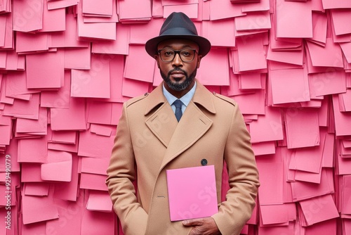 A man in a hat and coat stands in front of a wall of sticky notes