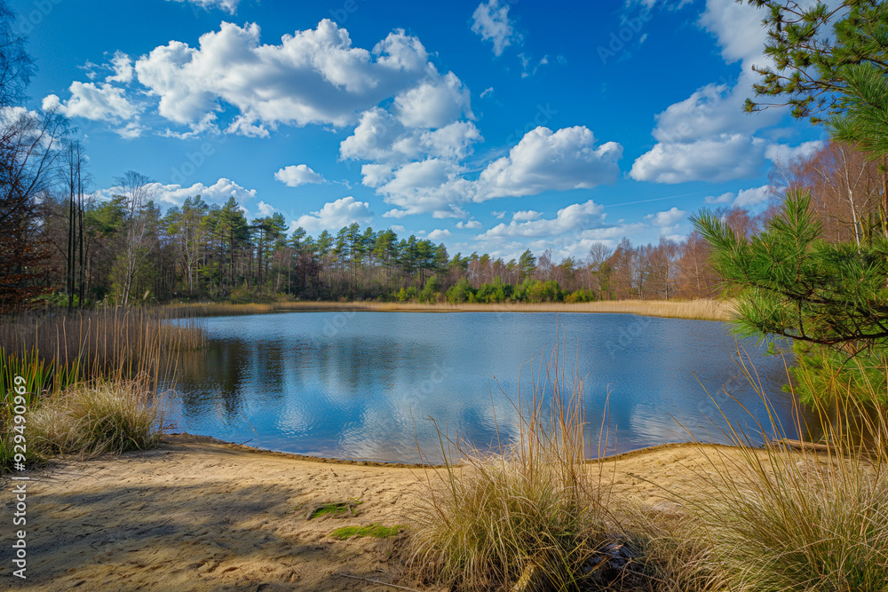 beautiful lake with a small beach and trees and beautiful green nature in the background in summer on vacation, generative AI beautiful lake with a small beach and trees and beautiful green nature in the background in summer on vacation, generative AI