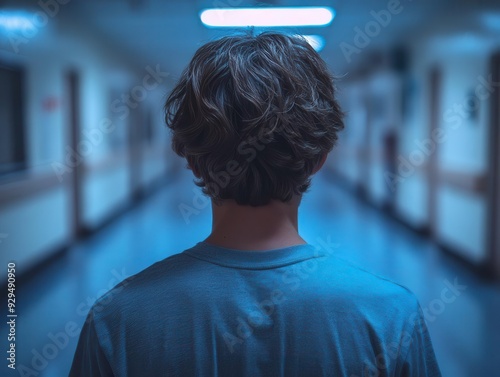 A solitary figure walks down a long empty corridor