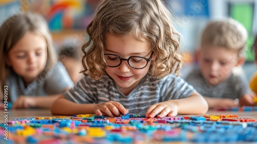 A young girl wearing glasses focuses intently on a colorful puzzle
