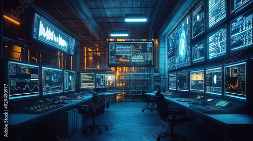 A high-resolution image of a factory's control room, with screens monitoring different stages of the production process