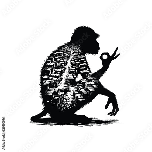 silhouette of monkey filled with ghetto street in rough drawing,