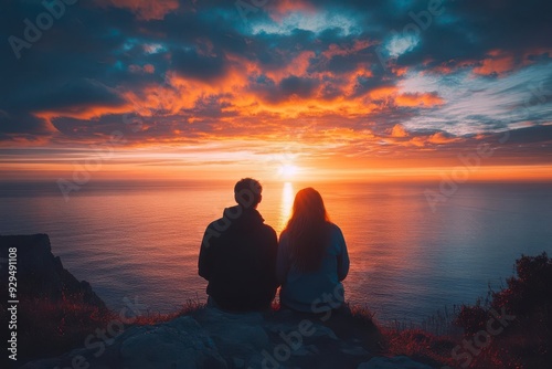 A couple silhouetted against a vibrant sunset over the ocean
