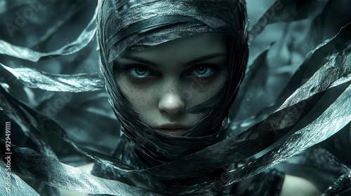 A woman with piercing blue eyes gazes intensely from beneath a shroud of fabric