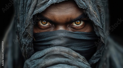 A hooded figure with intense golden eyes stares directly at the camera
