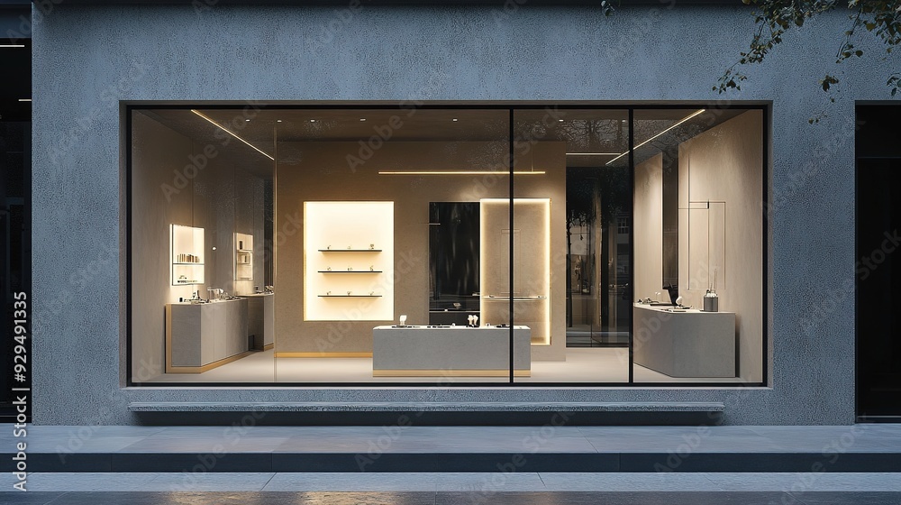 Fototapeta premium A high-end retail storefront with a minimalist design, showcasing luxury items in elegantly arranged displays
